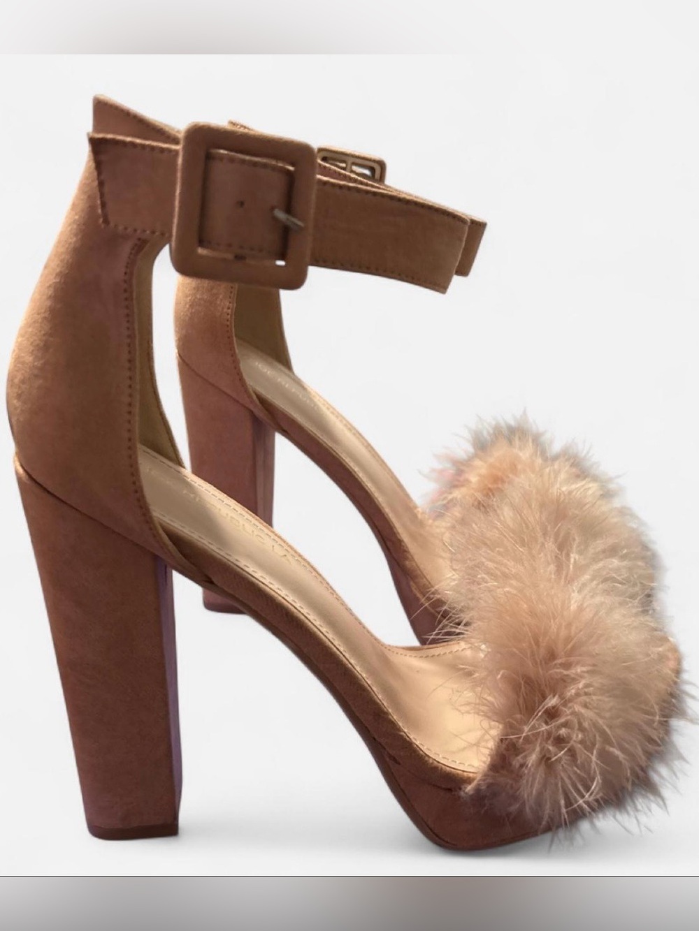 Suede Block Heel Sandals with Feather Accent - Tan